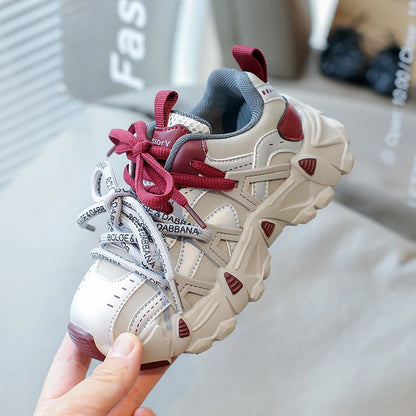 Children's Sneakers Four Seasons Leather Boys Girls Single Shoes Black Soft Bottom Non-slip Kids Running Shoes