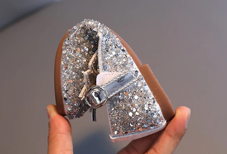 Girl's Princess Shoes Crystal Sequins Bowtie Party Glitter Children Mary Janes Three Colors Wedding Shallow Chic Kids Shoe 26-36