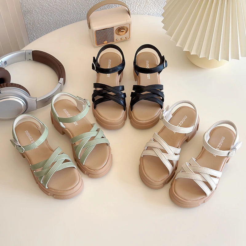 Girls Sandals 3-18 Years Old Beige Open-toe Woven Kids Beach Shoes Summer New Green Fashion Hundred Children's Sandals Shoes