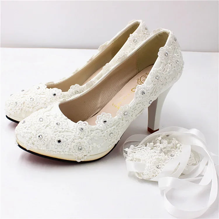 New Shoes Woman Bride Elegant White Lace Pearl Design High Heels Women's High Heels Bride Wedding Shoes Ladies