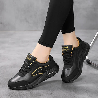 New Women's Fashionable Sneakers Leather Women's Casual Shoes Lace Up Flat Shoes Ladies Lightweight Fitness Walking Shoes