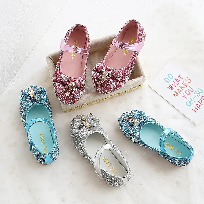 Party Dresses for Girl Spring Fashion Glitter Girl Shoe Water Diamond Princess Shoe Soft Sole Kid Shoes Bow Kid Leather Shoe