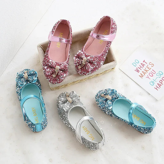 Party Dresses for Girl Spring Fashion Glitter Girl Shoe Water Diamond Princess Shoe Soft Sole Kid Shoes Bow Kid Leather Shoe