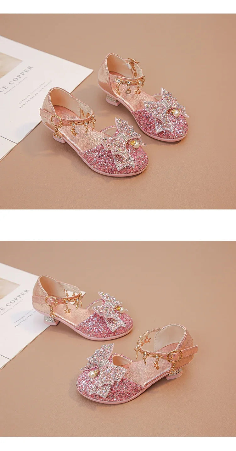 Girls High Heeled Leather Shoes High Heels for Wedding Party Glitter Rhinestone with Bow-knot Kids Dress Pendant Bling Sparkling