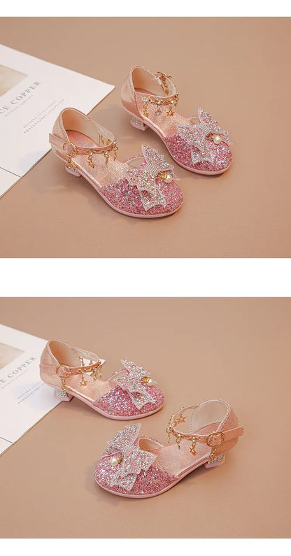 Girls High Heeled Leather Shoes High Heels for Wedding Party Glitter Rhinestone with Bow-knot Kids Dress Pendant Bling Sparkling