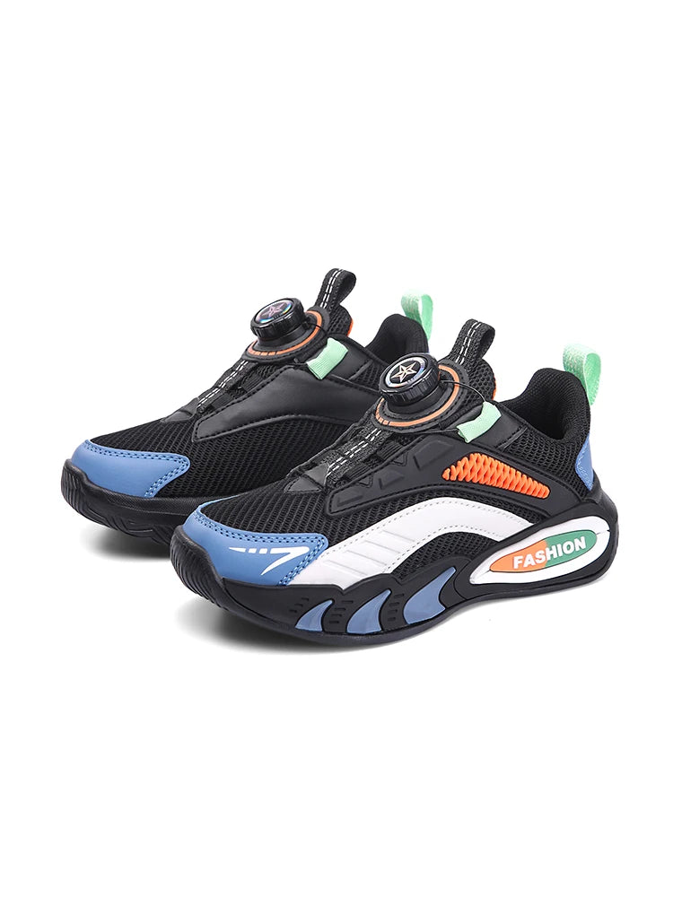Boys' New Trendy Color-Blocked Mesh Sneakers with Knob Buckle, Dad Shoe Style Breathable Children's Shoes, Spring and Autumn Campus Outdoor Non-Slip Running Shoes, Casual Sports Trendy Shoes