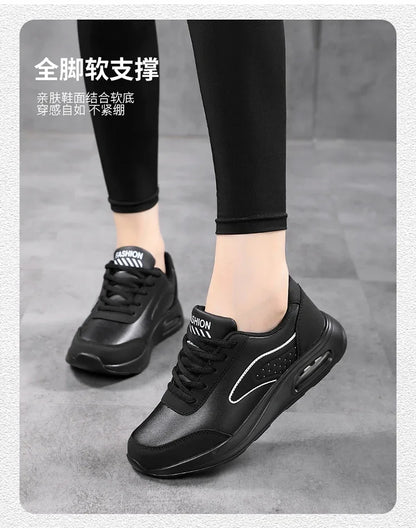 New Women's Fashionable Sneakers Leather Women's Casual Shoes Lace Up Flat Shoes Ladies Lightweight Fitness Walking Shoes
