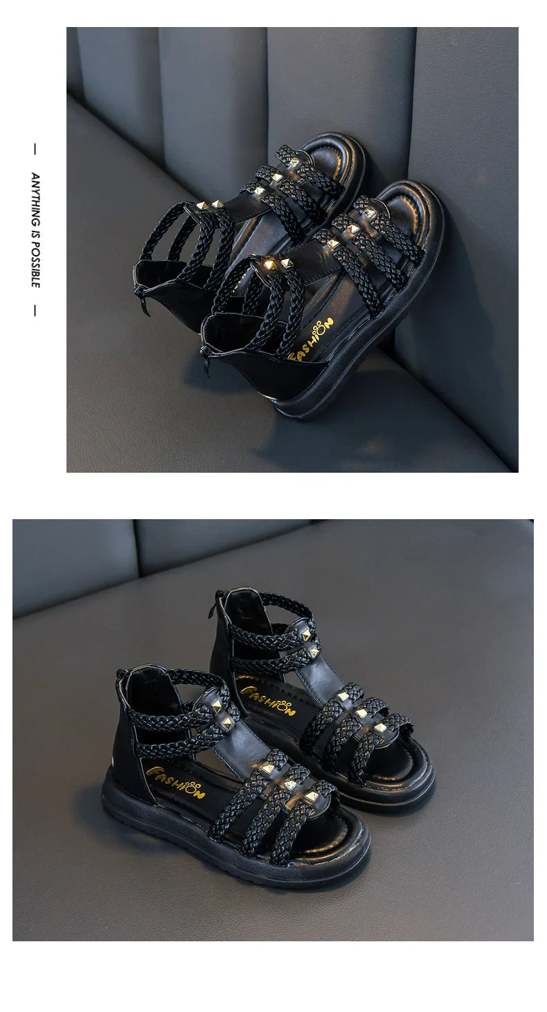 Kids Summer Sandals for Girls 2025 New Versatile Korean Style PU Soft Non-slip Flat Casual Weave Gladiator Sandals Princess Soft