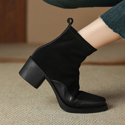 New Women's Short Boots Genuine Leather Retro Chunky Heel High Heel Boots Female Large Size Pointed Toe Women Ankle Boots
