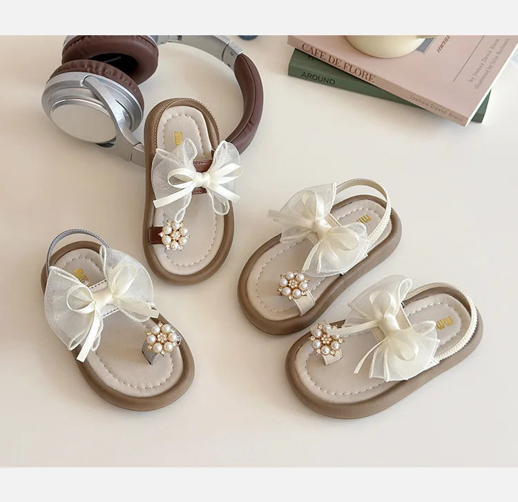 Summer Fashion Kids Platform Princess Shoes  Sandals Girls Rhinestone Straps Beach Shoes Soft Sole Ribbon Bow Versatile Sandals