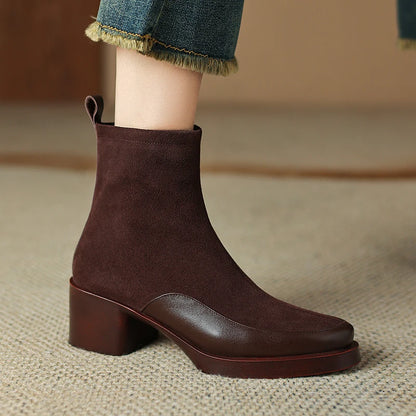 New Women's Short Boots Genuine Leather Retro Chunky Heel High Heel Boots Female Large Size Pointed Toe Women Ankle Boots
