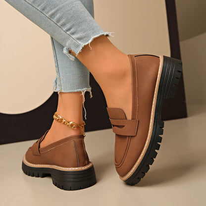 New Black/Brown Solid Color Thick-Soled Loafers Women's Platform Slip-On Shoes Retro Versatile Small Leather Shoes for Commuting
