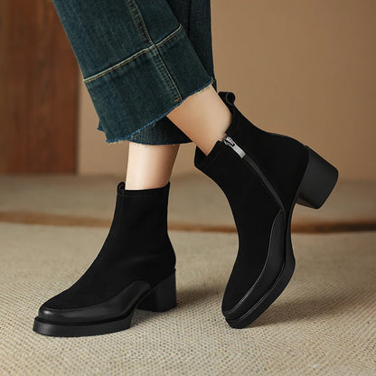 New Women's Short Boots Genuine Leather Retro Chunky Heel High Heel Boots Female Large Size Pointed Toe Women Ankle Boots
