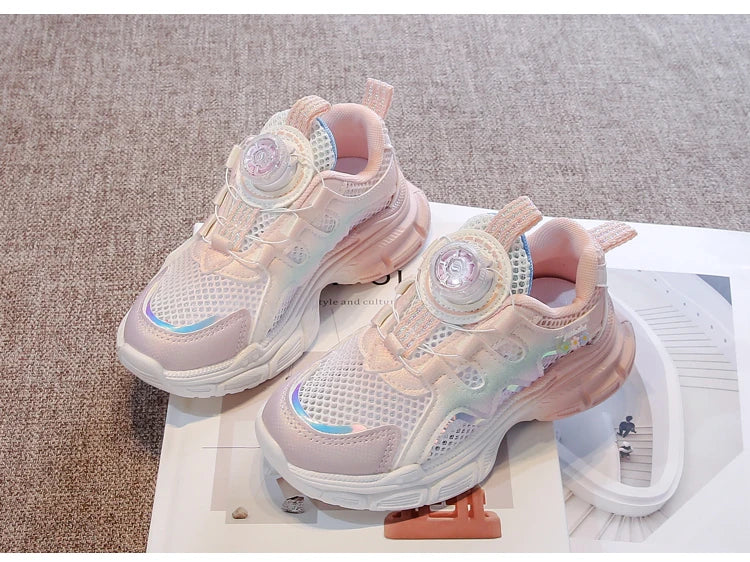 Girls Sneakers with Sweet Flowers Children Running Shoes Rotating Button New Kids Sports Shoes Princess Style Comfortable