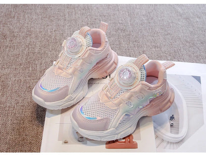 Girls Sneakers with Sweet Flowers Children Running Shoes Rotating Button New Kids Sports Shoes Princess Style Comfortable