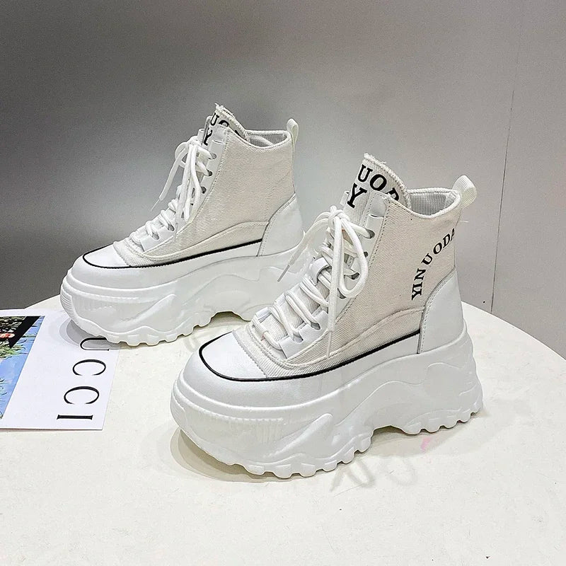 Women Sneakers High Top Platform Breathable Leather Shoes Autumn Ladies Wedges Casual Shoes For Woman Sports Dad Shoes 8CM