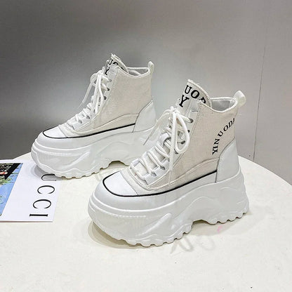 Women Sneakers High Top Platform Breathable Leather Shoes Autumn Ladies Wedges Casual Shoes For Woman Sports Dad Shoes 8CM