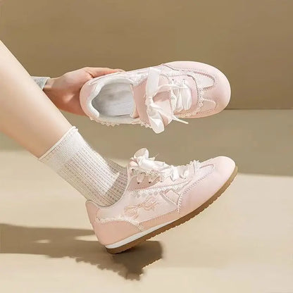 Girly Dopamine Pink Sneakers 2025 Fall New Women's Lightweight Ballet Flats Round Toe Lace Detail White Casual Walking Shoes