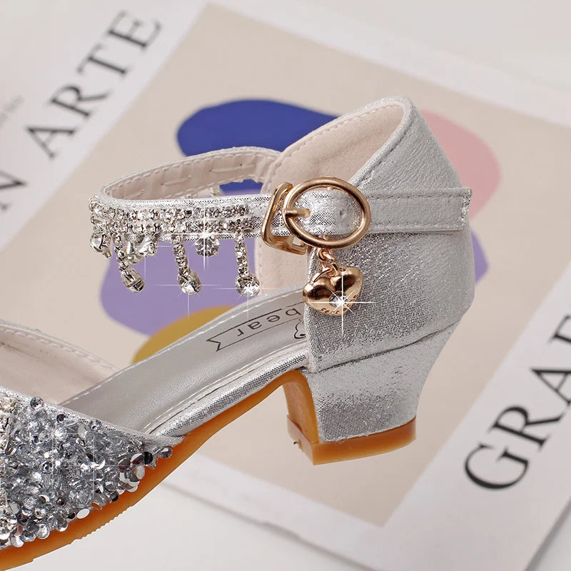 Girls' high-heeled princess shoes model catwalk show silver children's dress shoes shiny stage crystal sandals