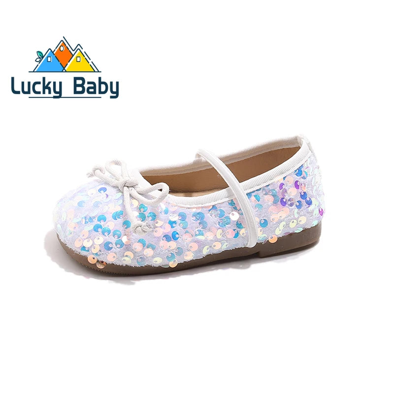 Girls Shoes Kids Glitter Leather Shoes for Wedding Stage Party Sequins Bling Shiny with Bow-knot Princess Soft Children's Flats