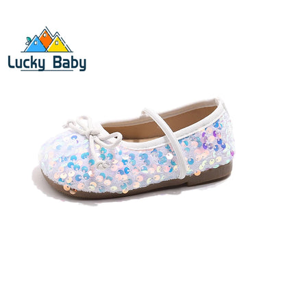 Girls Shoes Kids Glitter Leather Shoes for Wedding Stage Party Sequins Bling Shiny with Bow-knot Princess Soft Children's Flats