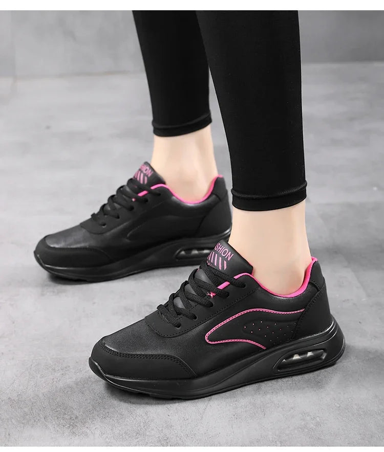 New Women's Fashionable Sneakers Leather Women's Casual Shoes Lace Up Flat Shoes Ladies Lightweight Fitness Walking Shoes