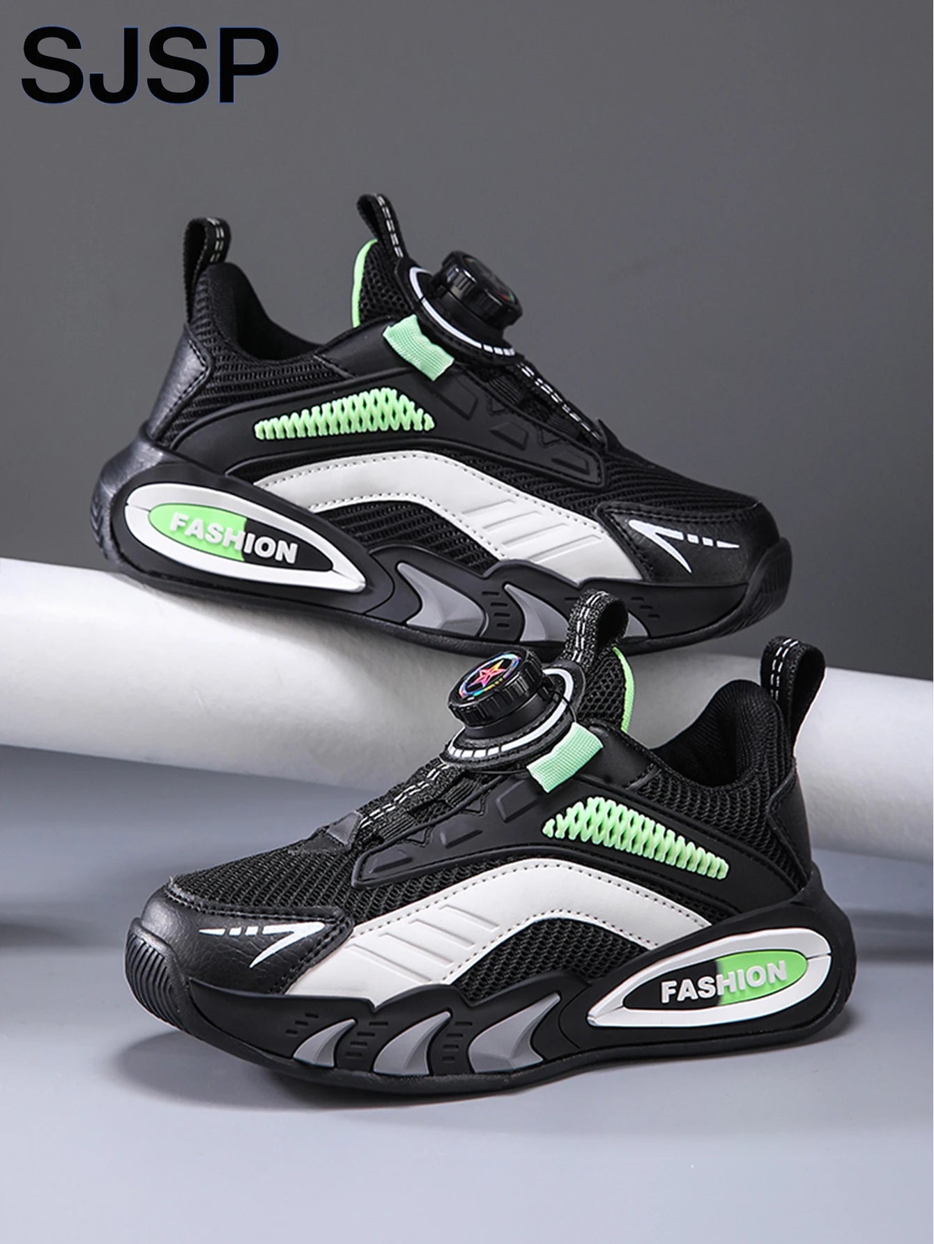Boys' New Trendy Color-Blocked Mesh Sneakers with Knob Buckle, Dad Shoe Style Breathable Children's Shoes, Spring and Autumn Campus Outdoor Non-Slip Running Shoes, Casual Sports Trendy Shoes