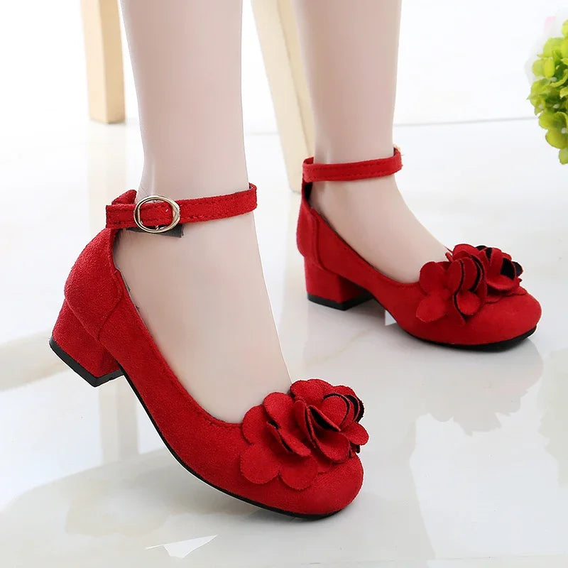 Girl's High Heel Shoes Spring Autumn Kids Leather Shoe Fashion Sweet Flower Children Princess Shoes for Wedding Party Versatile