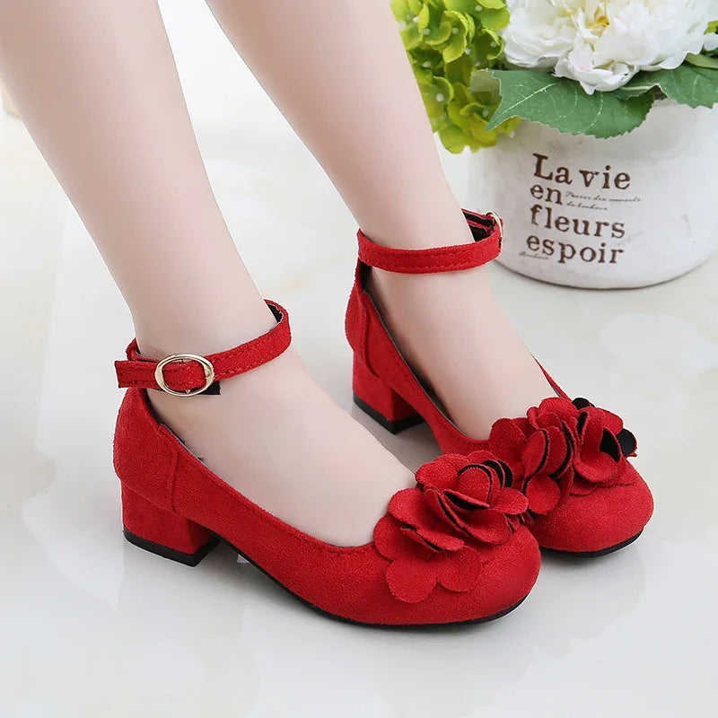 Girl's High Heel Shoes Spring Autumn Kids Leather Shoe Fashion Sweet Flower Children Princess Shoes for Wedding Party Versatile