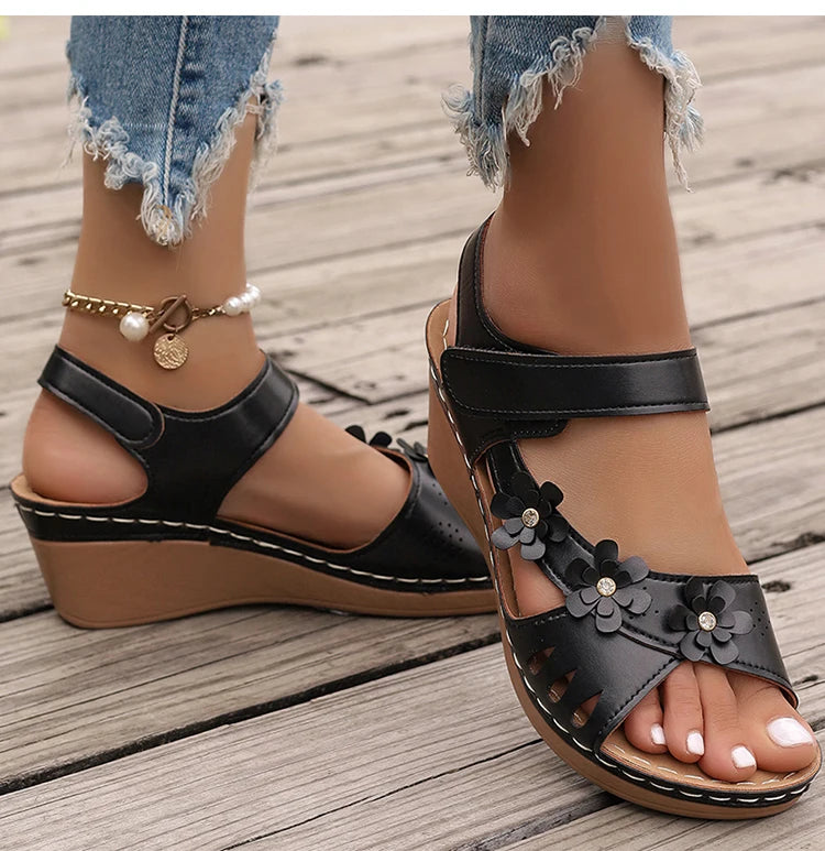 Women's Sandals New Wedges Heels Sandals For Summer Shoes Women Luxury Flower Sandalias Mujer Soft Heeled Summer Footwear