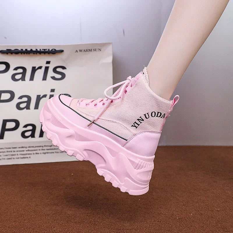 Women Sneakers High Top Platform Breathable Leather Shoes Autumn Ladies Wedges Casual Shoes For Woman Sports Dad Shoes 8CM