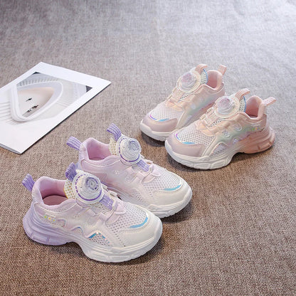 Girls Sneakers with Sweet Flowers Children Running Shoes Rotating Button New Kids Sports Shoes Princess Style Comfortable