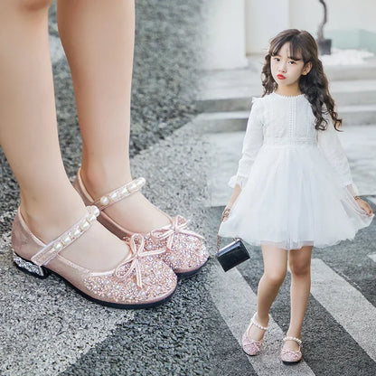 Children's Wedding Shoes Princess Party Girls' Shoes Mary Jane Flats Elastic Shoes Baby Fashion Pearl Diamond Kids Dance Shoes