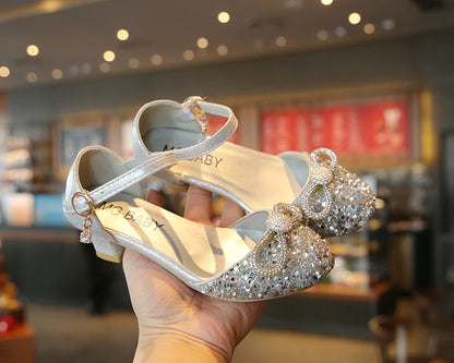 Girls High Heels for Kids Party Wedding Evening Dress Shoes Fashion Bow Diamond Crystal Shoes Princess Stockings Girl Sandals