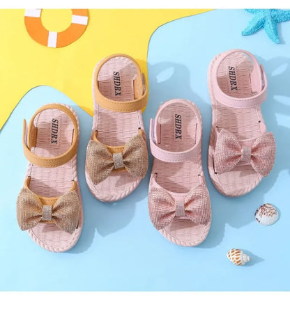 Kids Shoes Summer Girls Sandals Bow Non-slip Soft Soled Versatile Solid Korean Children Sweet Princess Shoes Beach Sandals