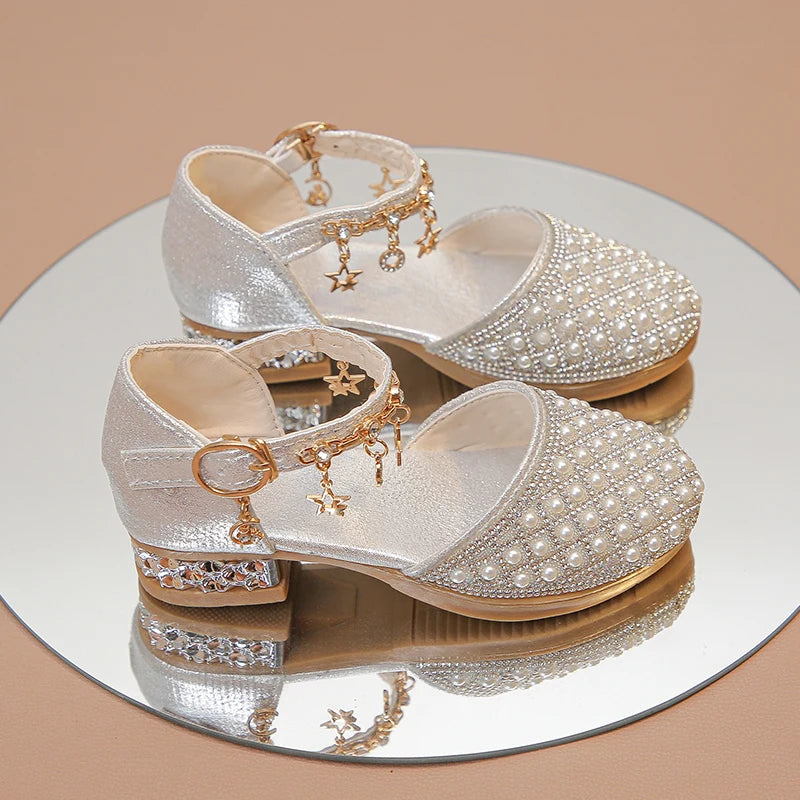 Girls Dress Shoes for Wedding Party Glitter Rhinestone with Pendants Shiny Glitter Fashion Princess Kids Leather Shoes High Heel