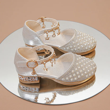 Girls Dress Shoes for Wedding Party Glitter Rhinestone with Pendants Shiny Glitter Fashion Princess Kids Leather Shoes High Heel