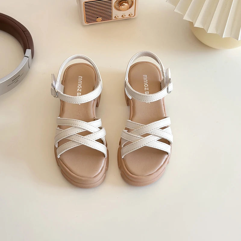 Girls Sandals 3-18 Years Old Beige Open-toe Woven Kids Beach Shoes Summer New Green Fashion Hundred Children's Sandals Shoes