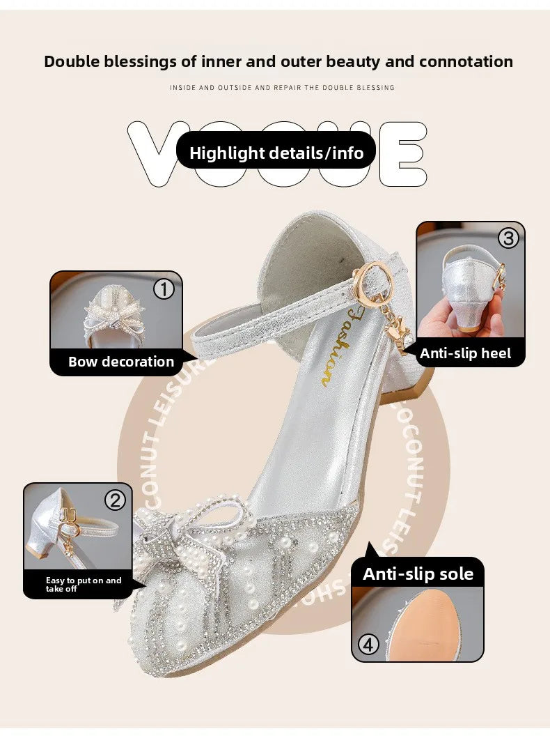 Girls' Bow Sandals Fashion Princess Shoes for Party Wedding 2025 Summer New Kids Rhinestone High Heels Children's Leather Shoes