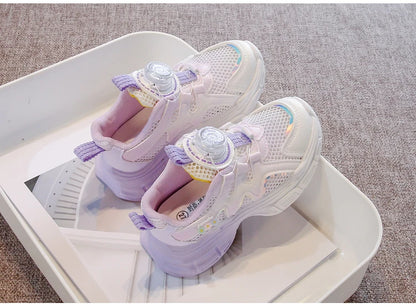 Girls Sneakers with Sweet Flowers Children Running Shoes Rotating Button New Kids Sports Shoes Princess Style Comfortable