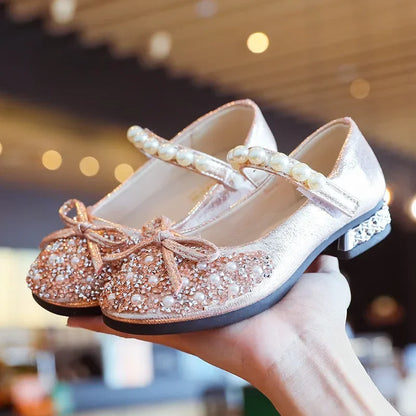 Children's Wedding Shoes Princess Party Girls' Shoes Mary Jane Flats Elastic Shoes Baby Fashion Pearl Diamond Kids Dance Shoes