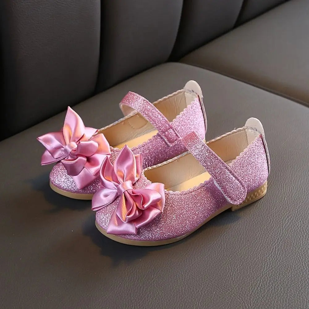 Female Glitter Princess Dress Shoes Soft Bottom Bow-knot Dance Party Shoes Bright Non-slip Leather Shoes Girls