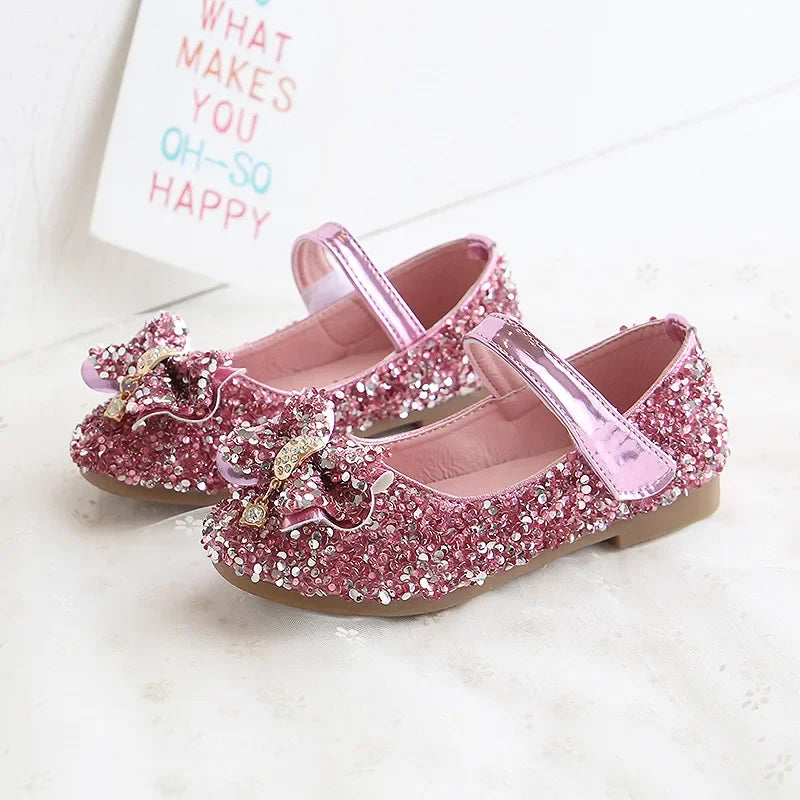 Party Dresses for Girl Spring Fashion Glitter Girl Shoe Water Diamond Princess Shoe Soft Sole Kid Shoes Bow Kid Leather Shoe