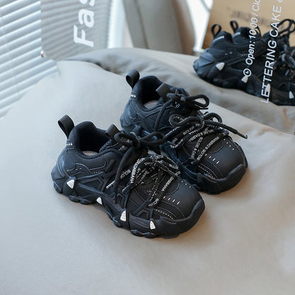 Children's Sneakers Four Seasons Leather Boys Girls Single Shoes Black Soft Bottom Non-slip Kids Running Shoes