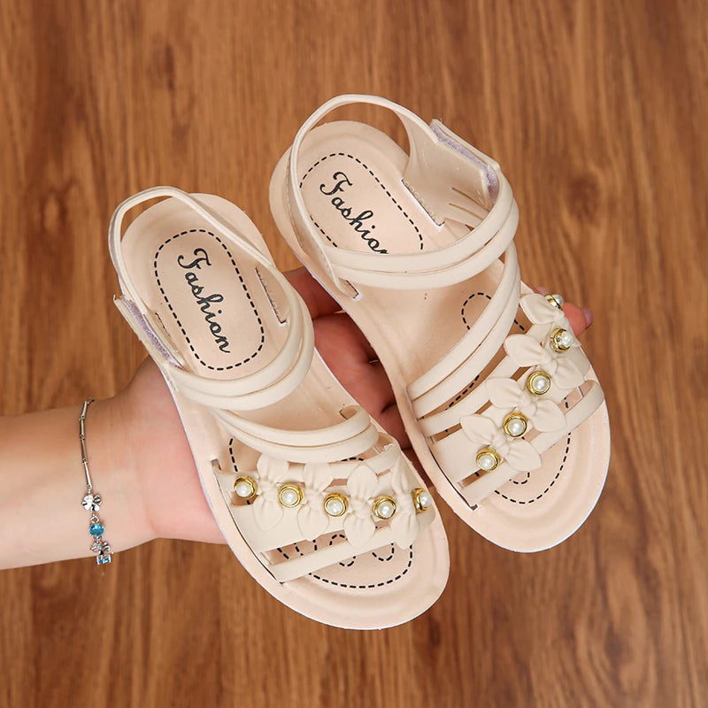 Chic Toddler Girls' Flower Adorned Open Toe Sandals - Comfy, Non-Slip Sole with Easy Hook and Loop Closure for Casual Wear
