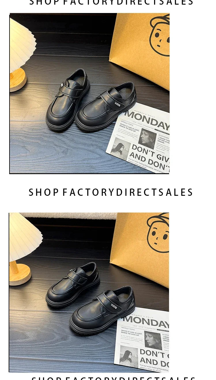 Boys Casual Leather Shoes Black Party Shoes for Formal Wedding School Fashion Classic Hook & Loop Kids Fashion Casual Loafers