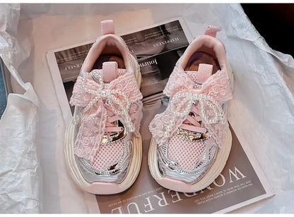 Girls Running Shoes with Sweet Mesh Bow Kids Sports Shoes Breathable New Fashion Children Sneakers Princess Style Cute