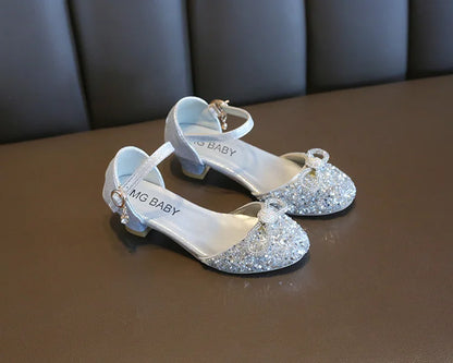 Girls High Heels for Kids Party Wedding Evening Dress Shoes Fashion Bow Diamond Crystal Shoes Princess Stockings Girl Sandals