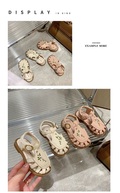 Toddler Girl's Sandals Flower Cut-outs Beige Brown Lovely Children Sliders Summer 21-30 Beautiful Breathable Non-slip Kids Shoes