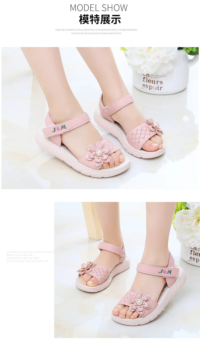 Girls Sandals 2023 Summer Children Shoes Soft Soled Non-slip Kids Flower Pearl Beach Shoes Fashion Princess Sandals босоніжки